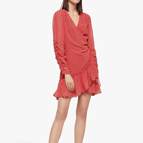 AllSaints Flores Red Hearts Ruched Wrap Mini Dress XS​​​​​​​​​​​​​​​​​​​​​​​​​​ - Picture 1 of 7